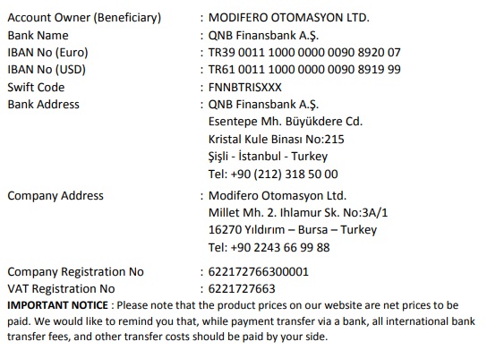 Bank transfer details